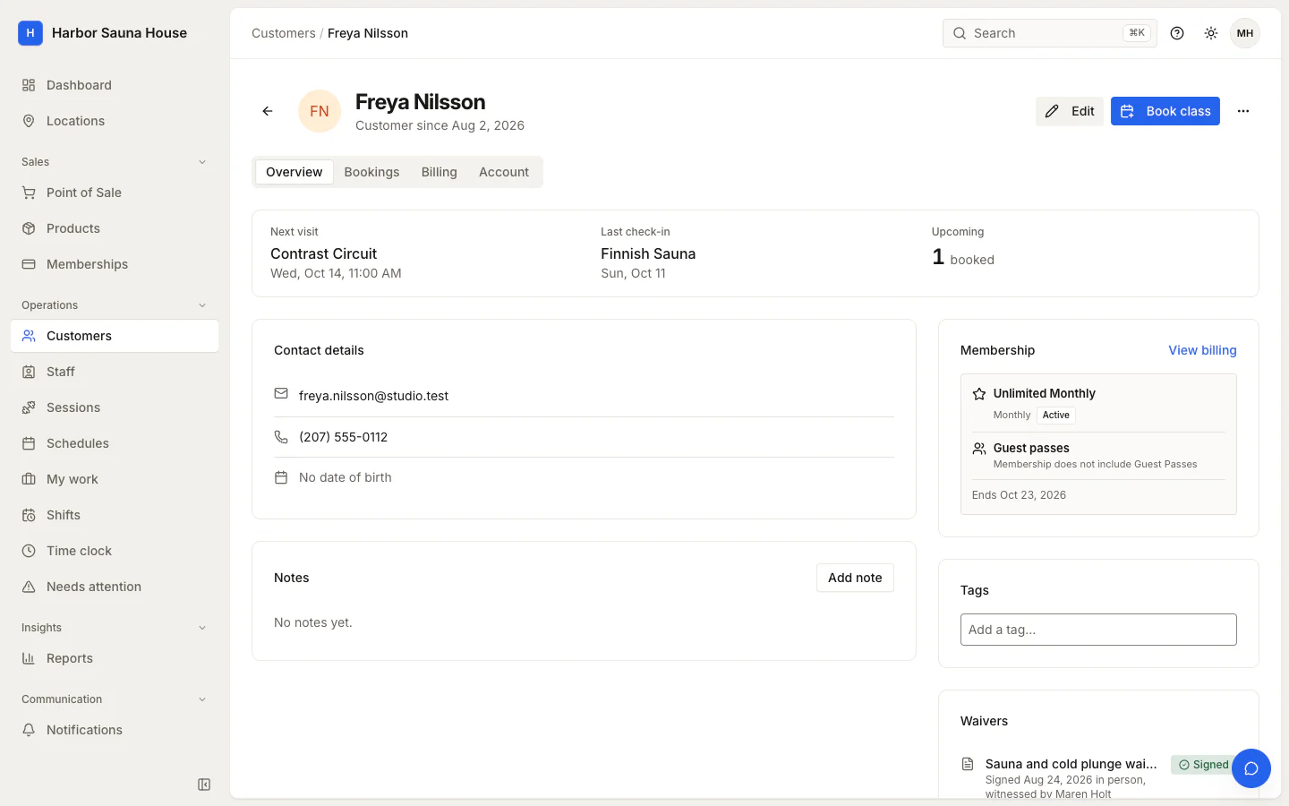 Customer profile showing the next booked visit, the last check-in, an active unlimited membership, and contact details