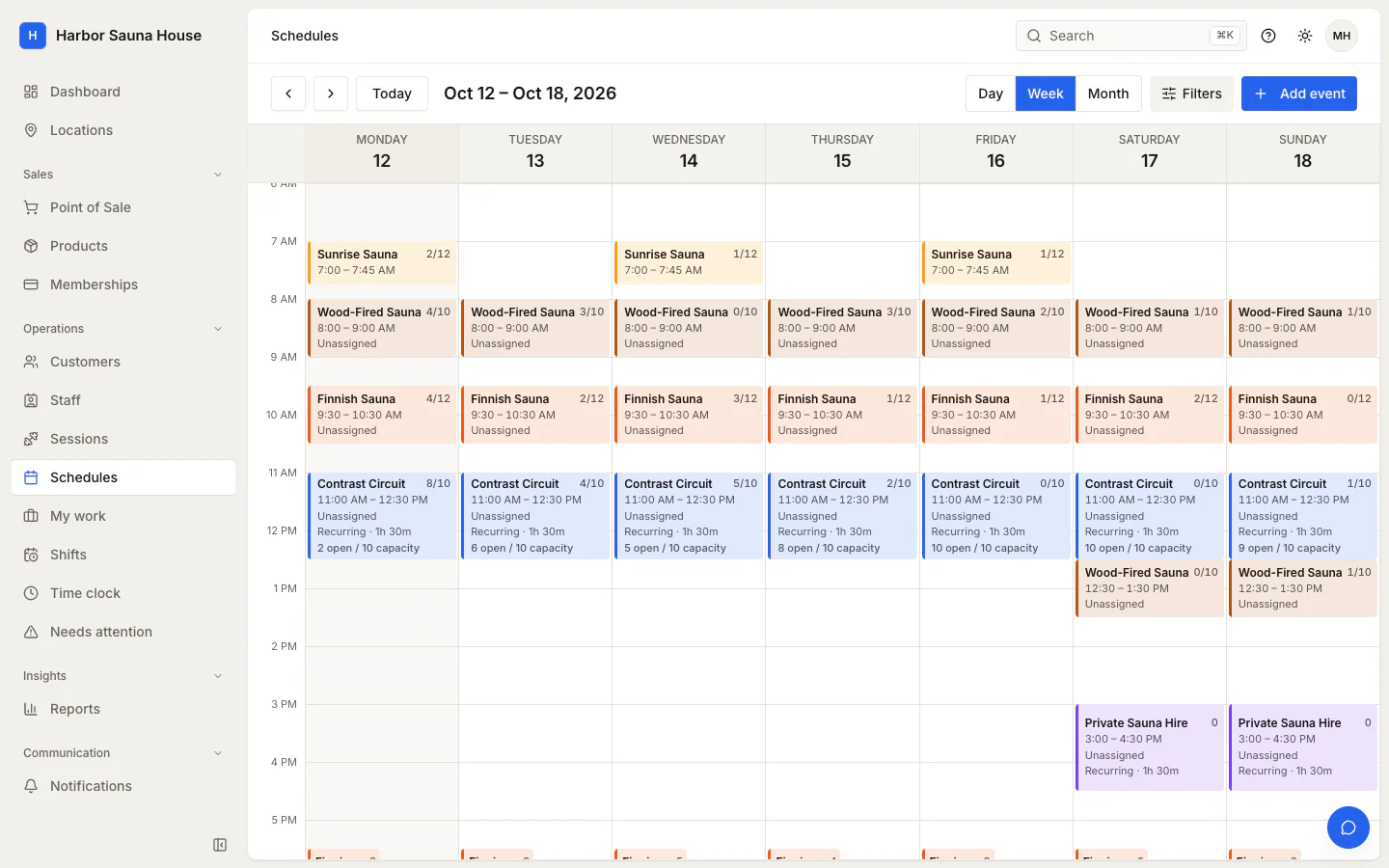 Week view of a sauna studio's schedule with sauna and contrast circuit sessions and their booked places