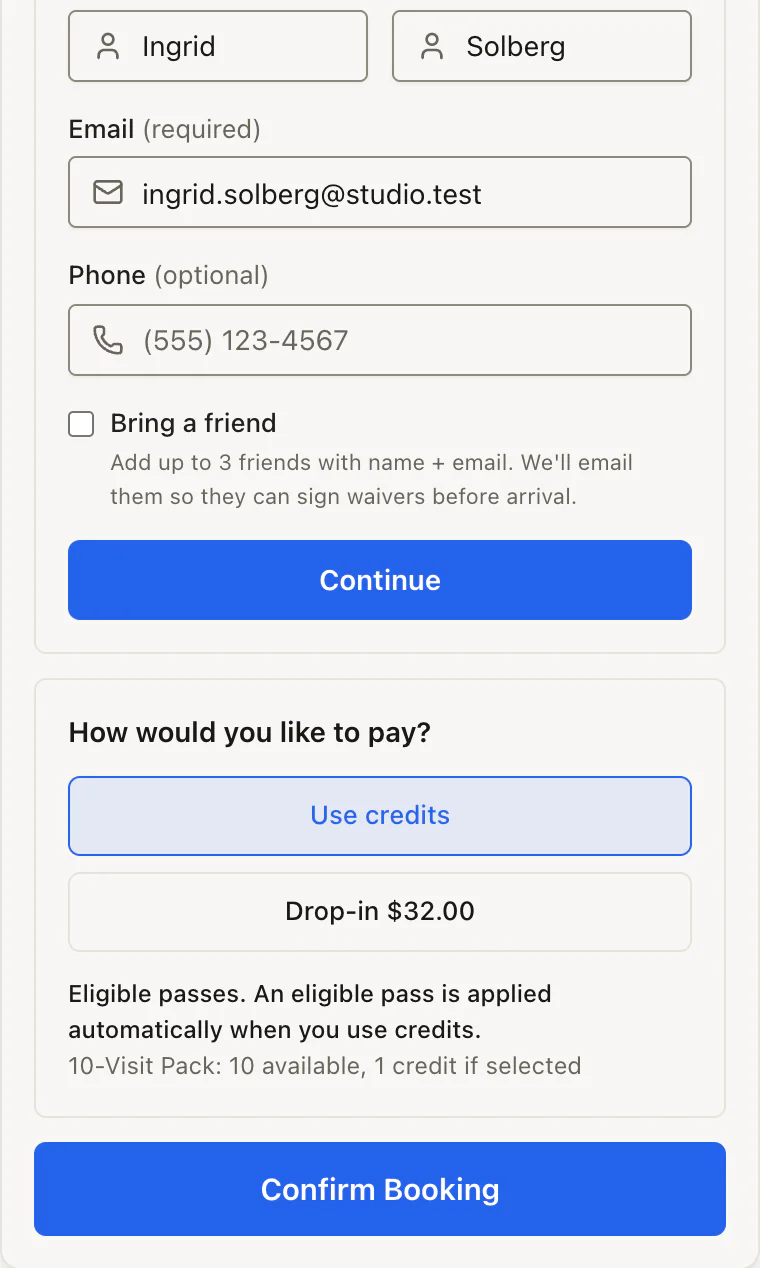 Mobile booking widget checkout with guest details and a choice between paying with credits or a drop-in price