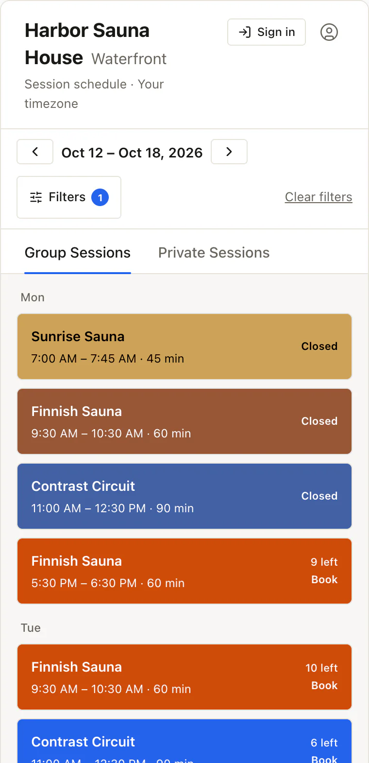 Mobile booking widget showing the week's sauna sessions with places left